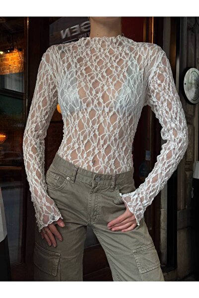 Estilo Kadın Yarım Balıkçı Yaka Uzun Kollu Vücudu Saran Transparan Dantel Tül...