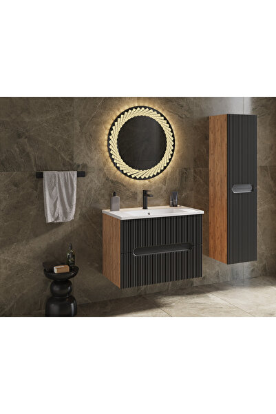ROSEART BANYO ROSEGOLDBLACK CEVİZ ANTRASİT 80CM BEYAZ BANYO DOLABI SETİ ALT M...