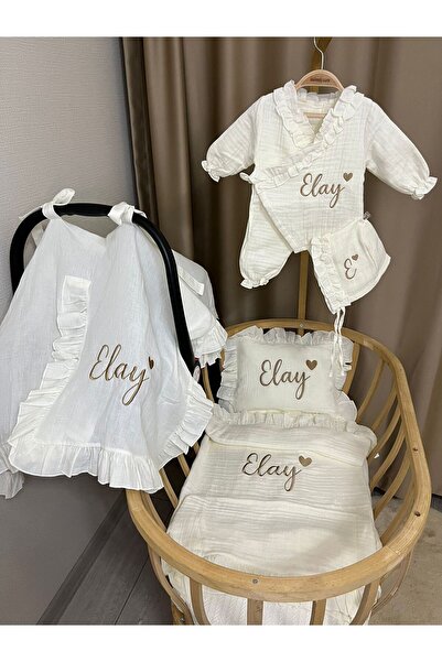handemnakış tasarım İsimli Nakışlı Müslin 5'lİ Hastane Çıkış Seti -Tulum Şapk...