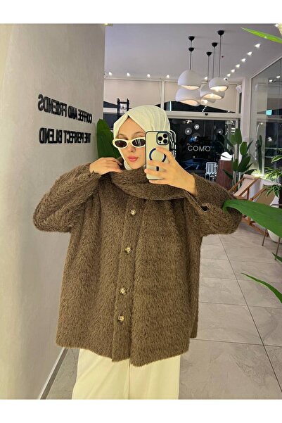 PİNK FLY Buttoned Plush Angora Coat Cardigan with Scarf