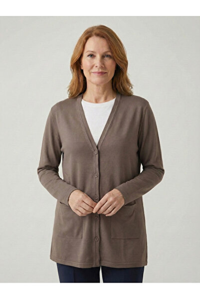 nacar çarşı Kadın Anne Basic Vizon Penye Ceket Düğmeli ve Cepli Mevsimlik Hırka