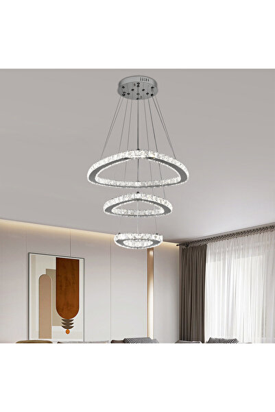 Alista Home Candelabru suspendat LED PRISM LUMORA 63W cu telecomandă și cristal, 3 inele, reglabil intensitatea luminii