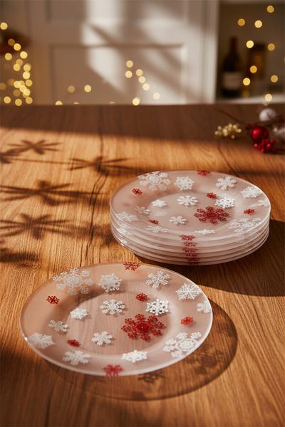 Snippy Crystal - Set of 6 Glass Cake Plates Breakfast Plate Set Glass Plate Christmas Set 19 cm