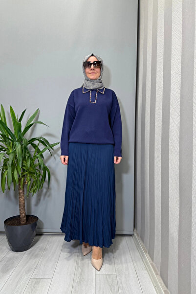 Ghisa Colorful Stone Embroidered Short Tunic Navy Blue 26Kobtnk4144