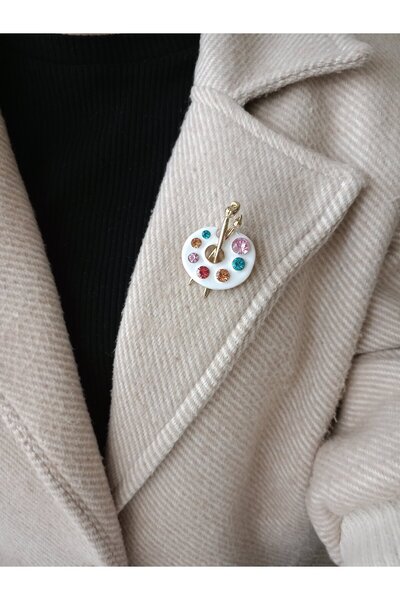LENTE AKSESUAR Beyaz Renkli Taşlı Palet Broş-Ressam Resim Paleti Yaka İğnesi