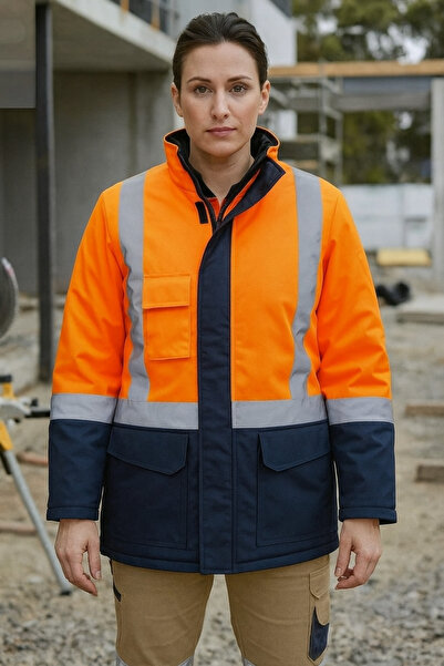 PROWESS Oxford Turuncu Lacivert Reflektörlü İçi Kapitoneli Kadın İş Montu Kabanı
