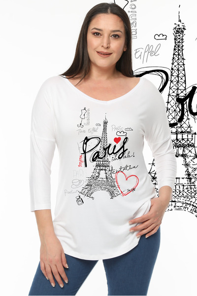 Curvy Trend Bluză Paris cu imprimeu cu decolteu în V, cu jumătate de mânecă, cu fante ovală