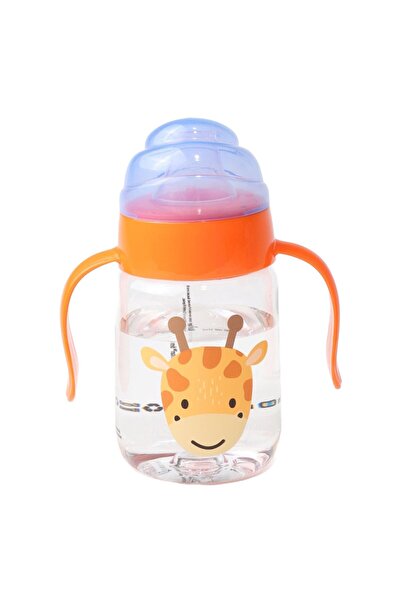 bebegen زجاجة مياه بيبيكيفي للجنسين باللون الأزرق والبرتقالي مع مقبض بنمط الزرافة للأطفال من عمر 6 أشهر فما فوق
