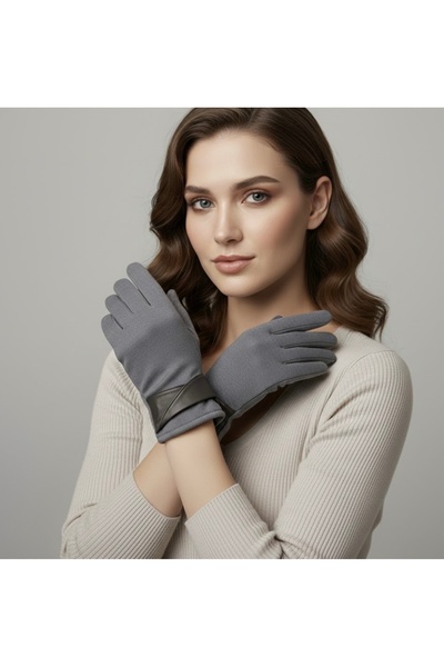 Şirin Giyim Aksesuar Leather Detailed Cashmere Gloves for Women - Gray Stylis...