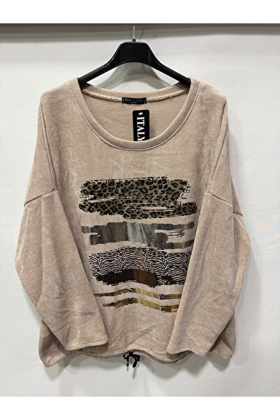 della moor Women's Beige Italian Varaklı Low Sleeve O Oversized Loose Velvet Blouse