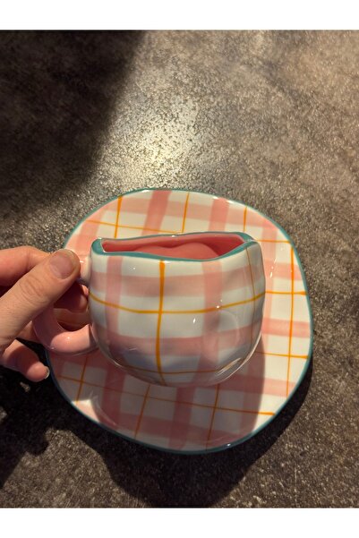 selvi wear Checkered Ceramic Coffee Cup Pink