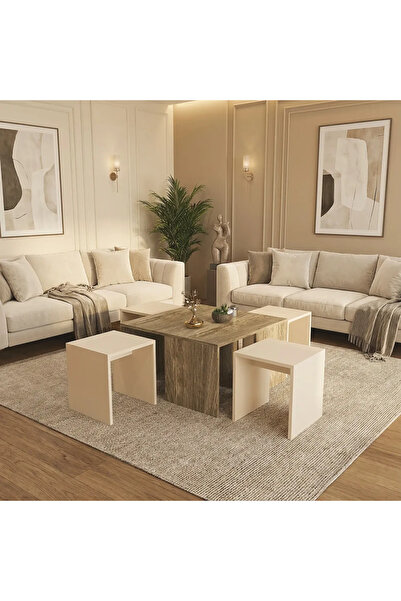 Stylish Home طاولة وسط خشبي وبيج مع طاولات متداخلة - CT49