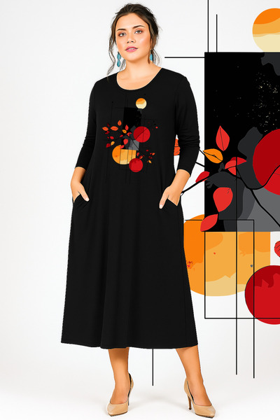 Curvy Trend Geometric Printed Wide Cut Long Sleeve Viscose Dress