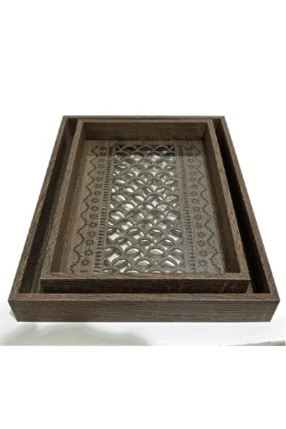Generic Set of 2 Wooden Serving Trays with Glass Base and Laser-Cut Decorative Pattern