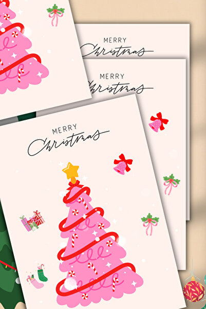 pnkycrco 7x10 cm Pembe Yılbaşı Ağacı Yeni Yıl Noel Tebrik Kartı Hediye Kartı ...