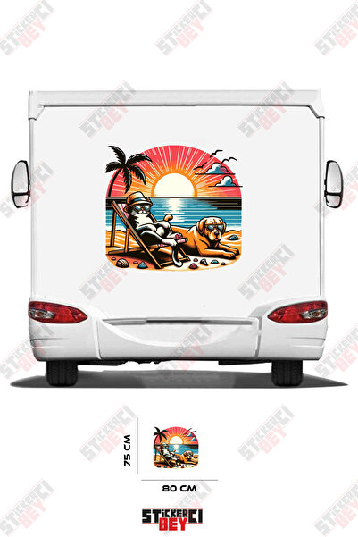 STİCKERCI BEY Sunbathing Cat and Dog on the Beach Visual Caravan Sticker Decal