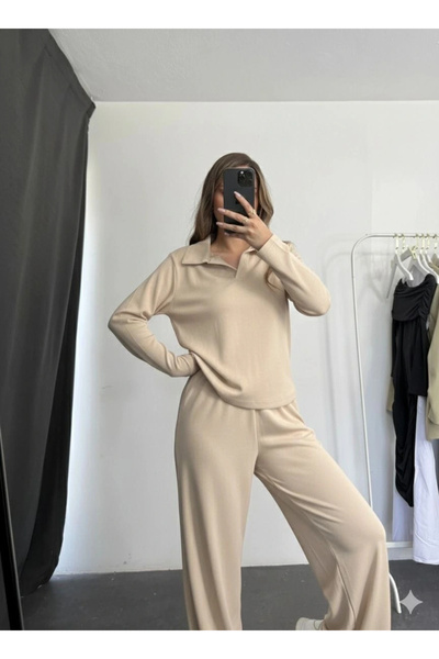 Alfanora Polo collar, top and bottom sleeved modal suit beige pt