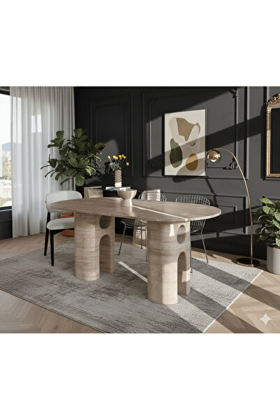 Marmoris Elysium Neo Loft | Traverten Mermer Yemek Masası 6 Kişilik Oval - Ko...