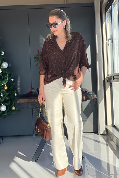 MİSLİNA BUTİK Palazzo Ekru Deri Pantolon