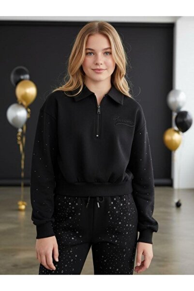 Zekids Φούτερ για κορίτσια με φερμουάρ στο λαιμό και μανίκια με πέτρινο κέντημα