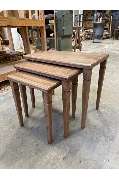 EMEL AHŞAP %100 Doğal Masif Kestane Ağaç Üst Kalite 3’lü Zigon Sehpa Takımı, ...