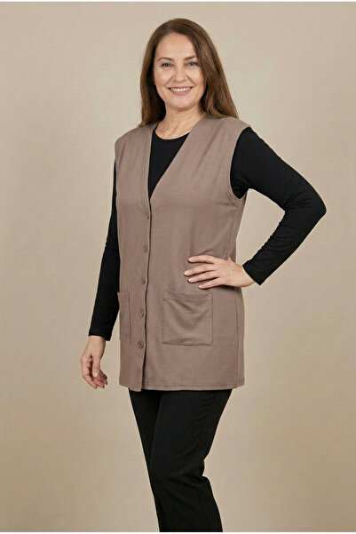 nacar çarşı Women's Mother Basic Mink Combed Cotton Vest with Buttons and Poc...