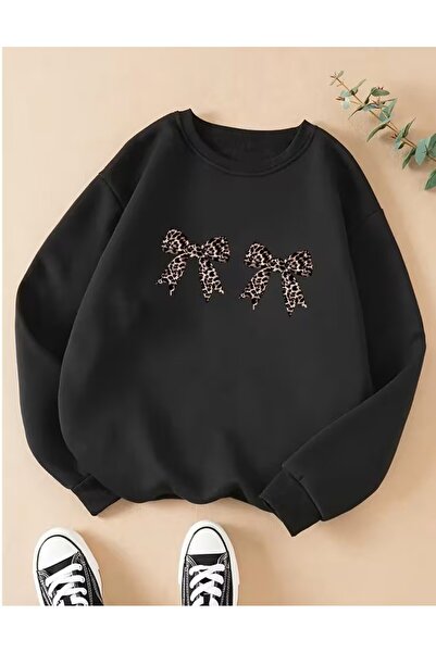 LELVANİ Unisex Leopard Pattern Ribbon Printed Sweatshirt