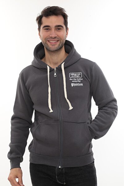 VAJESTO Erkek Füme İçi Polarlı Tam Fermuarlı Kapüşonlu Pamuklu Sweatshirt