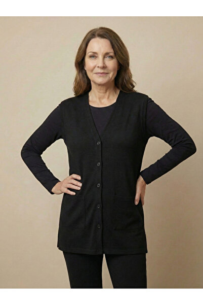 nacar çarşı Women's Mother Basic Black Combed Cotton Vest with Buttons and Po...