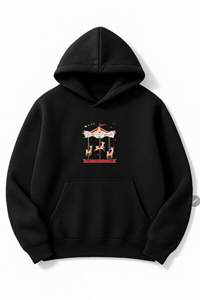 Altair Tr Oversized Unisex Merry Christmas Carousel Printed Hooded Sweatshirt