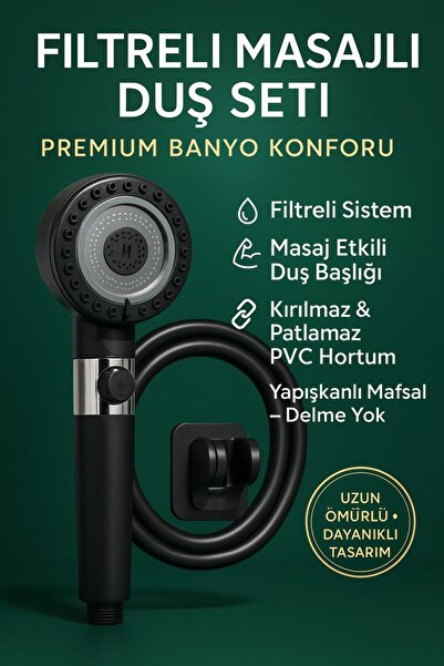SUVİA Filtreli Masajlı Duş Seti | Kırılmaz Duş Başlığı + Patlamaz PVC Hortum ...