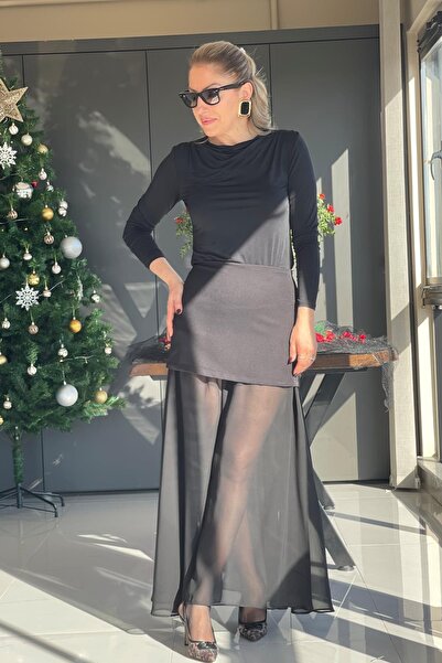 MİSLİNA BUTİK Uzun Tül Detay Siyah Etek