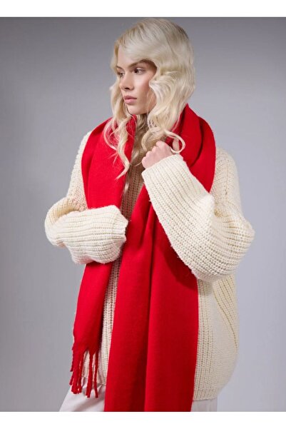 TRENDLİA Kırmızı Yumuşak Dokulu Püsküllü Atkı