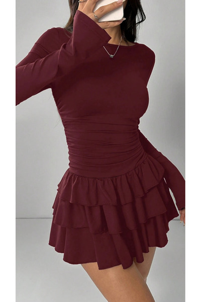 MODAMİNEM Women's Ruffle Detailed Long Sleeve Mini Dress