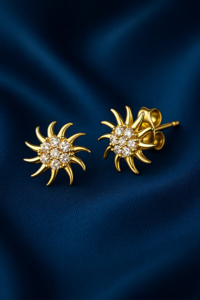 KAR DİAMOND 14 Ayar Altın Zirkon Taşlı Minimal Güneş Model Küpe Sertifikalı I...