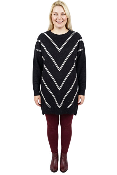BERNE Kadın Siyah V Desenli Triko Tunik – Bisiklet Yaka Uzun Kollu Günlük Kış...