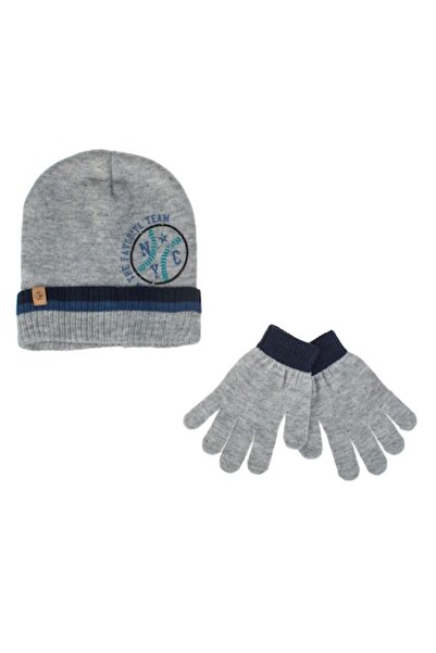 OEM Gray hat & gloves set with brown patch for boys - 4 years, 2 pieces