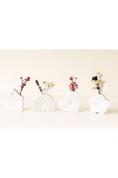 MorVilla 4’lü Dekoratif Kalp, Ev, Bulut ve Gökkuşağı Figürlü Mini Vazo Seti