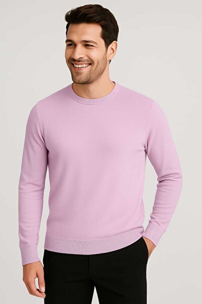 ANATOLIATEKSTILE Men's Sweater with Round Collar, Fine Knit, Slim Fit Cut
