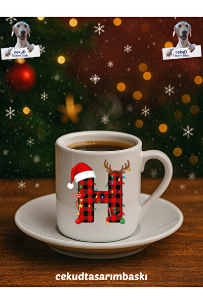 cekud tasarım baskı Yılbaşı Temalı Harfli Türk Kahvesi Fincanı Seramik Hediye...
