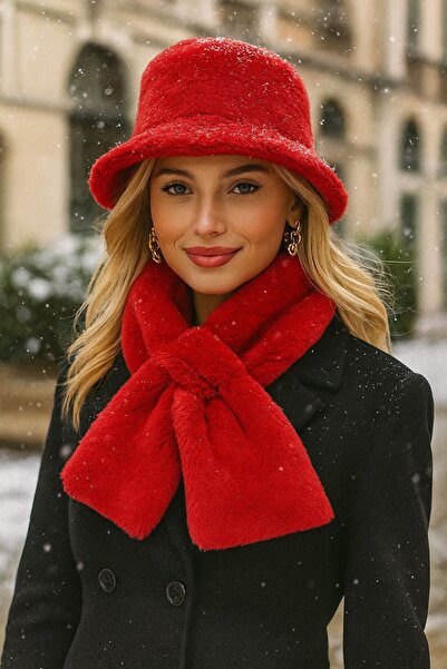 MARBERRY Red Soft Textured Plush Neck Collar and Hat Set of 2