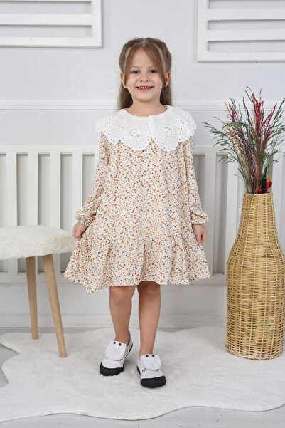 CANAN ÇAKMAK Girl's Self-Patterned Dress with Lace Detail on the Collar
