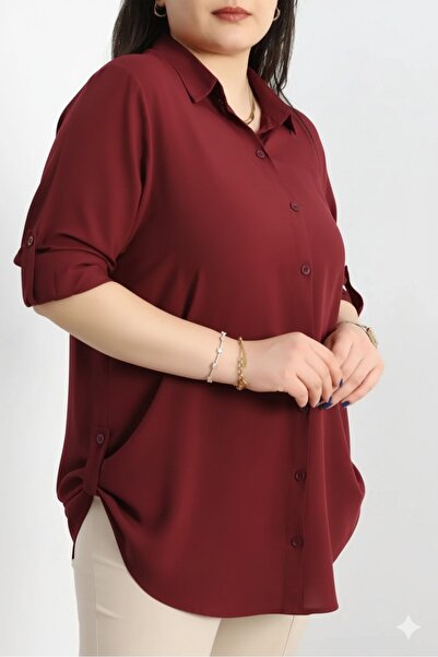 FOR ESRA BIG TREND Women's Plus Size Dark Burgundy Solid Color Sleeve and Side Fold Woven Viscose Shirt