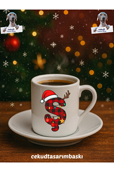 cekud tasarım baskı Yılbaşı Temalı Harfli Türk Kahvesi Fincanı Seramik Hediye...