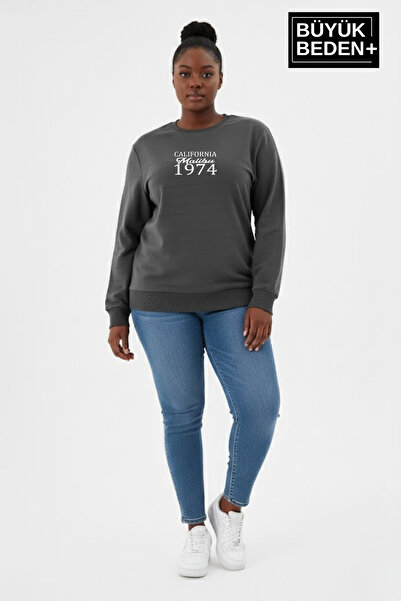 Superlife Women's Plus Size California 1974 Printed Bisilet Collar Slim Sweatshirt Spr26Bswk956-2
