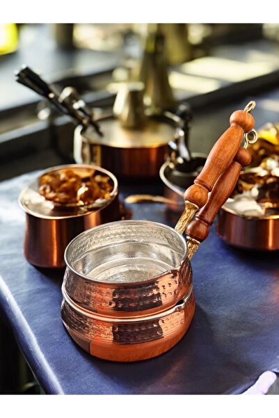 BARITCIOGLU وعاء صلصة نحاسي مع مقلاة زبدة، طقم من قطعتين مع مقابض خشبية