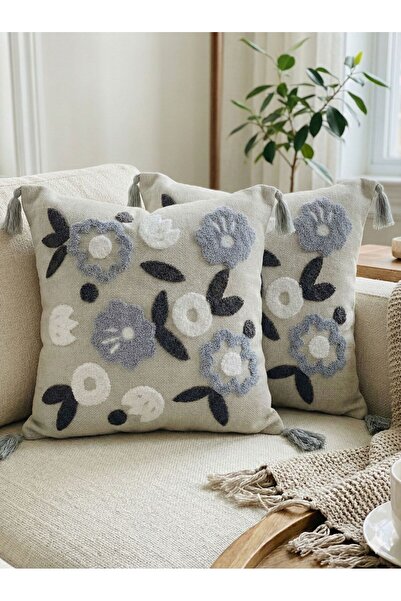 by ballı biocotton 2-Piece Punch Embroidered Tassel Decorative Throw Pillow Cover