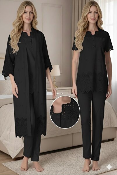 LOHOUSE Kadın Keten Fisto Dantelli 3'Lü Lohusa Hamile Sabahlıklı Pijama Takım...