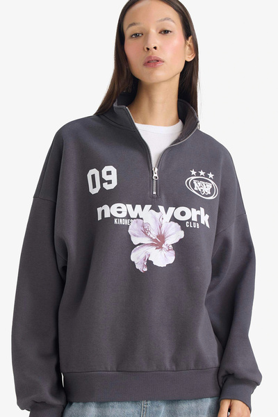 DeFacto G5538Axar191 Anthracite Regular Fit Mock Neck Half Zip Printed Sweatshirt