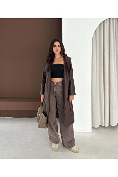 MEECY Women's Burgundy Belted Long Leather Top Coat